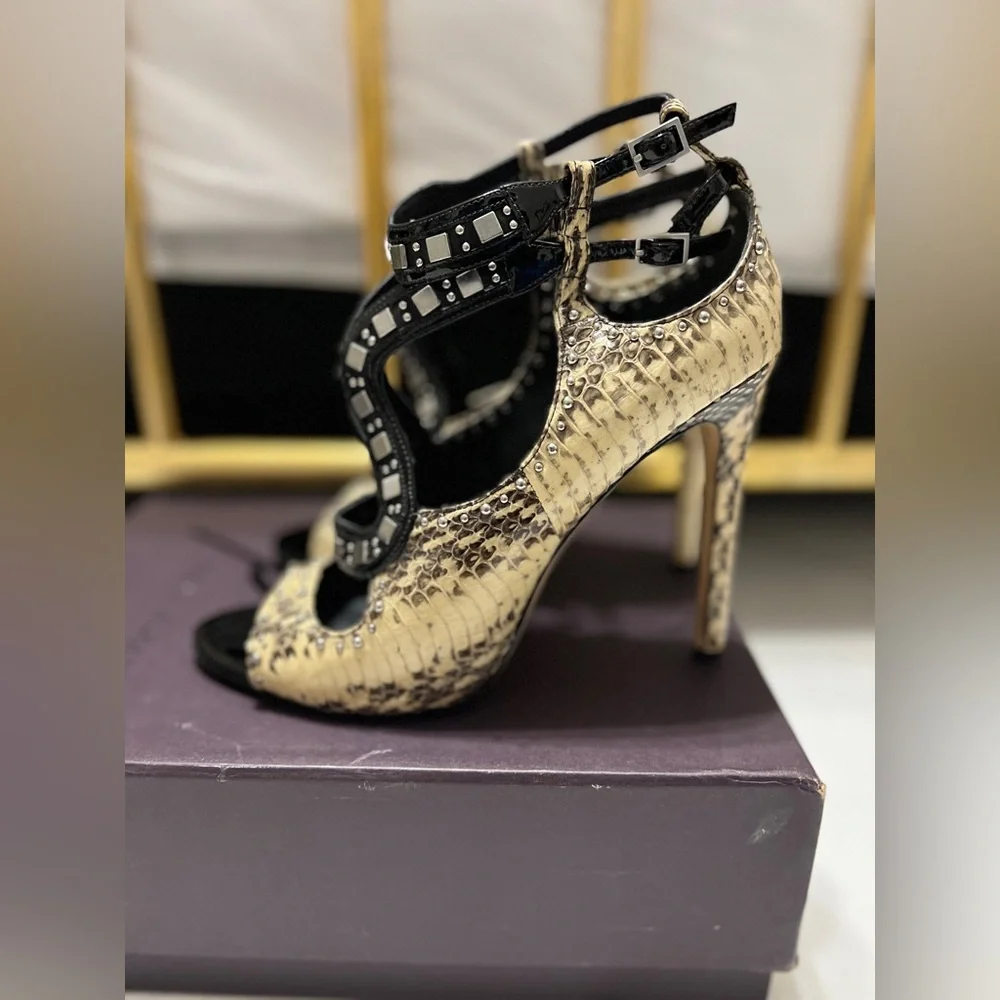 B Brian Atwood Black and Gold Studded Cutout Stiletto Sandals - Picture 4 of 11